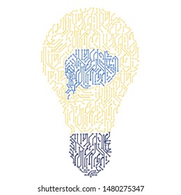 lamp with circuit board in form of human brain.Vector isolated hi-tech illustration - light bulb shape in circuit board pattern elements. Computer technology idea concept.