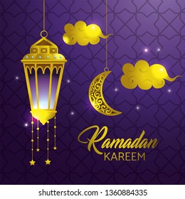 lamp with clouds and moon hanging to ramadan kareem