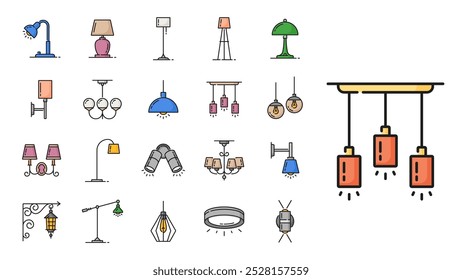 Lamp color line icons. Halogen and flashlight, lantern and chandelier, candle and spotlight, vector outline home lighting and street lights set. Table, wall, floor stand and ceiling lamps