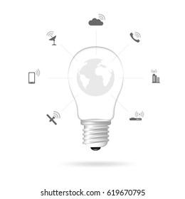 Lamp concept , lamp with network and communication on white background , vector