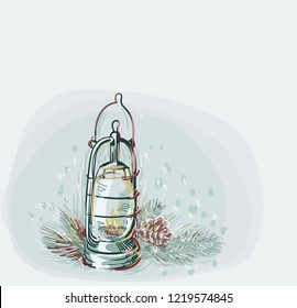 lamp cone pine design elements blue vector christmas card background soft color pastel paint style