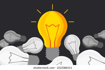 The lamp is electric. Power outage in cities and villages of Ukraine. The concept of thinking and generating ideas on a black horizontal background. Vector.