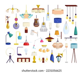 Lamp element set vector illustration. Classic modern ceiling-mounted crystal and lampshade lamps. Home illumination, decoration object.