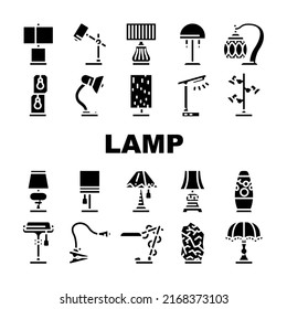 Lamp Equipment For Illuminate Icons Set Vector. Vintage And Modern Led Lamp Electrical Tool For Illuminate Room, Bed Table And Workspace Desk Elegant Light Technology Color Illustrations