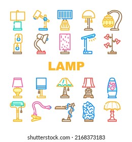 Lamp Equipment For Illuminate Icons Set Vector. Vintage And Modern Led Lamp Electrical Tool For Illuminate Room, Bed Table And Workspace Desk Elegant Light Technology Color Illustrations