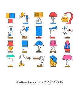 Lamp Equipment For Illuminate Icons Set Vector. Vintage And Modern Led Lamp Electrical Tool For Illuminate Room, Bed Table And Workspace Desk Elegant Light Technology Color Illustrations