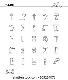 Lamp flat icon set. High quality outline pictograms of element for interior. Vector line illustration of lamp for web design or mobile app. Buttons and symbols for design visit card, logo.