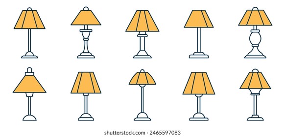 Conjunto de iconos de lámpara plana. Juego de lámparas para el hogar. Iconos de lámpara de mesa - Vector de stock.