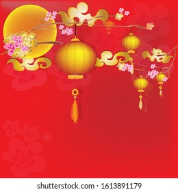 Lamp and flowers Moon on Red background wallpaper pattern design.Vector illustration.