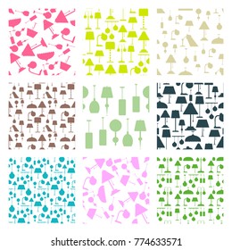 Lamp furniture classic floor table vector illustration light electric interior energy seamless pattern lightbulb illumination background. Electricity home energy furniture modern equipment.