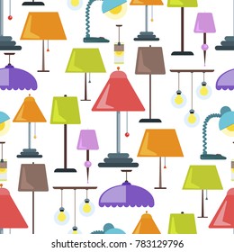 Lamp furniture classic floor table vector illustration light electric interior energy seamless pattern lightbulb illumination background. Electricity home energy furniture modern equipment.