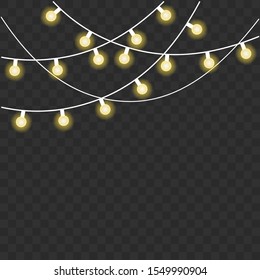 Lamp garlands composition with yellow bulbs on the transparent background. Realistic festive elements for cards, invitations, banners, posters, wallpaper. Isolated vector light