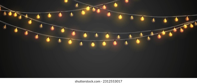 Lamp garlands on dark background. Template for party, carnival, christmas, birthday or presentation. Vector illustration.
