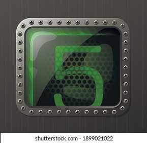 Lamp gas-discharge indicator displaying the number 5 with a glowing green neon glow. Antique electric sign indicator vector illustration.