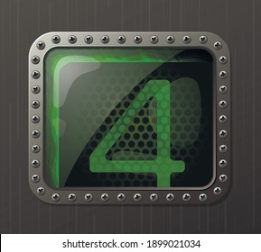 Lamp gas-discharge indicator displaying the number 4 with a glowing green neon glow. Antique electric sign indicator vector illustration.