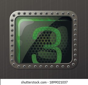 Lamp gas-discharge indicator displaying the number 3 with a glowing green neon glow. Antique electric sign indicator vector illustration.