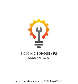 Lamp with gear and wrench for service and engineering logo design template	
