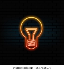 Lamp. Glowing neon icon on brick wall background.