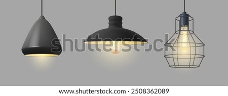 Lamp glowing realistic electric equipment, hanging lamps with metal net, vintage room decoration. Vector illustration of ceiling lamps, living rooms lighting equipment, glowing objects