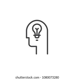Lamp in head outline icon. linear style sign for mobile concept and web design. Head with idea light bulb simple line vector icon. Symbol, logo illustration. Pixel perfect vector graphics