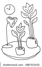 Lamp and houseplants on the round table. Drawing in doodle style