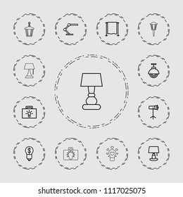 Lamp icon. collection of 13 lamp outline icons such as bulb, studio lapm, studio curtain, bulb with dollar. editable lamp icons for web and mobile.