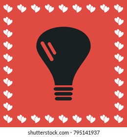 Lamp icon flat. Simple black pictogram on red background with white hearts for valentines day. Vector illustration symbol