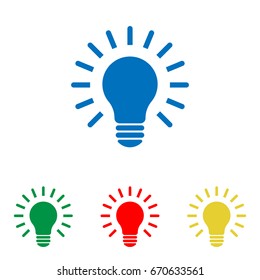 Lamp icon. Idea. Vector. Big blue flat icon with red, green and yellow small icons at white background. Isolated.