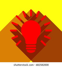Lamp icon. Idea. Vector. Red icon with two flat reddish shadows on yellow background.