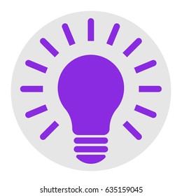Lamp icon. Idea. Vector. Violet flat icon on light gray circle at white background. Isolated.
