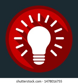 Lamp icon. Idea. White icon with shadow on round red button at dark cyan background. Illustration.