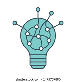 Lamp icon with neural network inside. Applicable as part of artificial intelligence, machine learning design concept. Vector illustration.