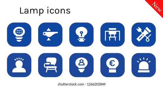  lamp icon set. 10 filled lamp icons. Simple modern icons about  - Bulb, Lamp, Idea, Desk, Flashlight, Desk chair, Siren