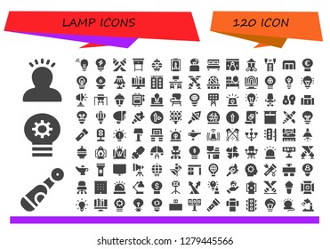  lamp icon set. 120 filled lamp icons. Simple modern icons about  - Idea, Electric, Lightbulb, Creativity, Spotlight, Nightstand, Lantern, Lamp, Double bed, Street lamp, Semaphore