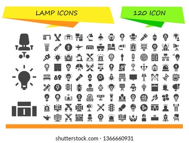 lamp icon set. 120 filled lamp icons.  Simple modern icons about  - Desk chair, Sofa, Light, Desk, Spotlight, Desk lamp, Idea, Flashlight, Lantern, Torch, Electric, Traffic signal