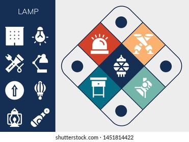 lamp icon set. 13 filled lamp icons.  Collection Of - Lantern, Electric, Traffic signal, Flashlight, Desk lamp, Office, Tungsten, Spotlight, Siren, Nightstand