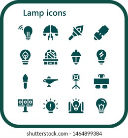 lamp icon set. 16 filled lamp icons.  Simple modern icons about  - Idea, Brainstorming, Torch, Lamp, Eco bulb, Dressing table, Lamppost, Creativity, Spotlight, Desk, Illumination