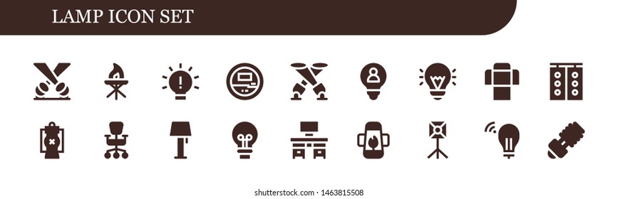 lamp icon set. 18 filled lamp icons.  Simple modern icons about  - Spotlight, Torch, Idea, Voltmeter, Sofa, Traffic light, Lantern, Office chair, Lamp, Desk