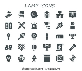 lamp icon set. 30 filled lamp icons.  Collection Of - Idea, Desk chair, Inspiration, Lantern, Desk, Traffic light, Graphic design, Siren, Torch, Lightbulb, Sofa, Spotlight, Ideas