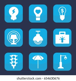 Lamp icon. set of 9 filled lamp icons such as traffic light, bulb heart, studio umbrella, bulb