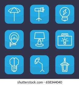 Lamp icon. set of 9 outline lamp icons such as studio umbrella, studio lapm, bulb