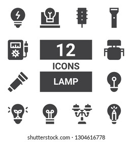 lamp icon set. Collection of 12 filled lamp icons included Idea, Street light, Lightbulb, Bulb, Flashlight, Desk chair, Voltmeter, Traffic light