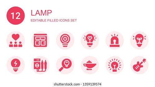 lamp icon set. Collection of 12 filled lamp icons included Inspiration, Furniture, Idea, Siren, Bulb, Voltmeter, Lightbulb, Magic lamp, Electric