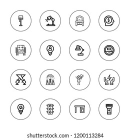 Lamp icon set. collection of 16 outline lamp icons with armchair, bulb, desk, dressing table, idea, illumination, save energy, spotlight, traffic light, torch icons.