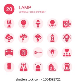 lamp icon set. Collection of 20 filled lamp icons included Lamp, Idea, Torch, Voltmeter, Brainstorming, Lantern, Light, Desk, Traffic signal, Showtime, Inspiration, Traffic light