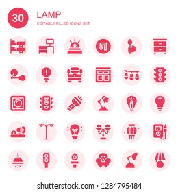 lamp icon set. Collection of 30 filled lamp icons included Bunk, Desk, Siren, Traffic signal, Torch, Lamp, Idea, Tv table, Furniture, Lights, Dimmer, Traffic light, Flashlight