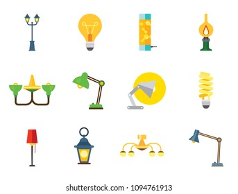 Lamp Icon Set. Heating Lamp Chandelier Desk Light Floor Lamp Fluorescent Light Lightbulb Kerosene Flashlight Green Chandelier Lava Lamp Decorative Lantern Street Torch