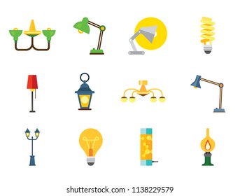 Lamp Icon Set. Heating Lamp Chandelier Desk Light Floor Lamp Fluorescent Light Lightbulb Kerosene Lamp Green Chandelier Decorative Lantern Street Light