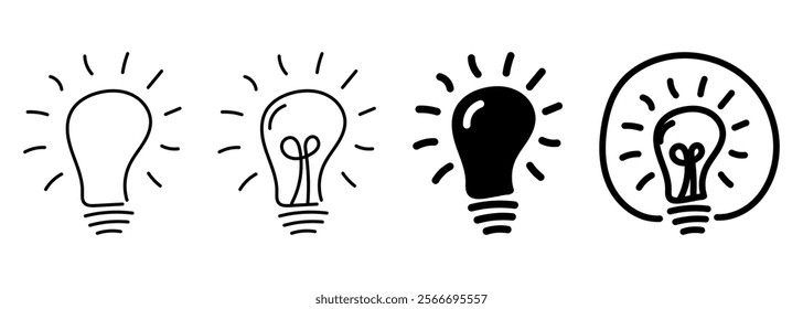 Lamp icon set. Idea lamp icons collection hand drawn illustration. Vector isolated on white background.