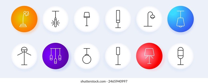 Lamp Icon set. Lamps, fixtures, lighting, irradiation, light, chandelier, lantern, light bulb, illumination, variety, tube, illuminator, glow, luster. Flashlight concept.